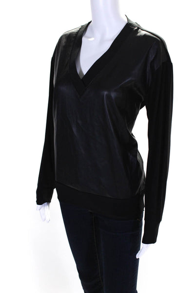 DKNY Women's V-Neck Long Sleeves Faux Leather Blouse Black Size S