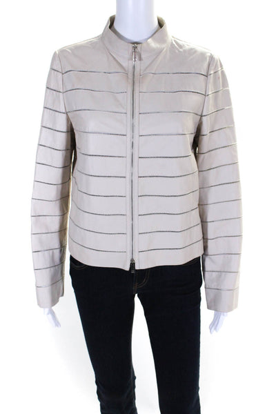 Lafayette 148 New York Women's Long Sleeves Full Zip Leather Jacket Beige Size 8