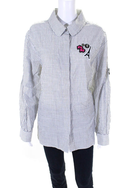 Karl Lagerfeld Womens Cotton Striped Patchwork Button Down Shirt White Size XL
