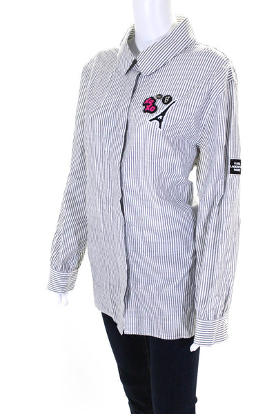 Karl Lagerfeld Womens Cotton Striped Patchwork Button Down Shirt White Size XL