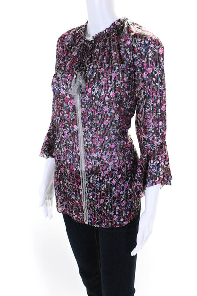 Elie Tahari Womens Abstract Print Long Sleeve V Neck Blouse Multicolor Medium