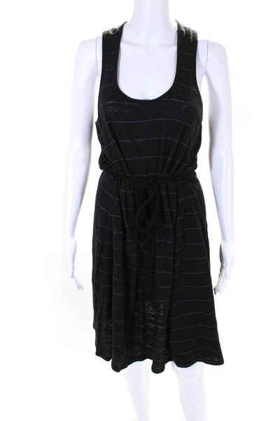 ATM Womens Sleeveless Scoop Neck Striped Mid Calf Dress Black Size Medium