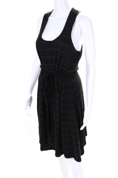 ATM Womens Sleeveless Scoop Neck Striped Mid Calf Dress Black Size Medium