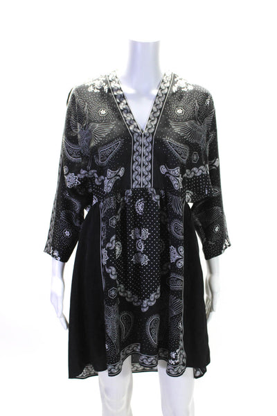 Sandro Paris Womens Paisley Print V-Neck Long Sleeve Pullover Dress Black Size 1