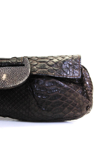 R&Y Augousti Womens Python Skin Sting Ray Closure Clutch Handbag Dark Brown