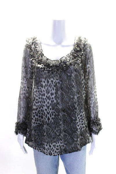 Paris Gordon Womens Animal Print Long Sleeves Blouse Gray Black Size Medium