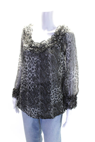 Paris Gordon Womens Animal Print Long Sleeves Blouse Gray Black Size Medium