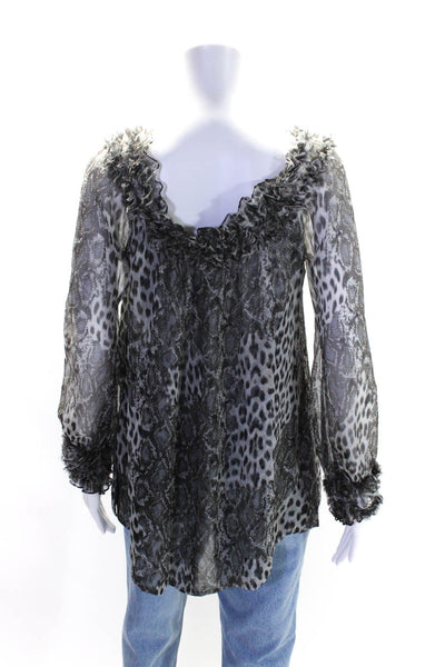 Paris Gordon Womens Animal Print Long Sleeves Blouse Gray Black Size Medium