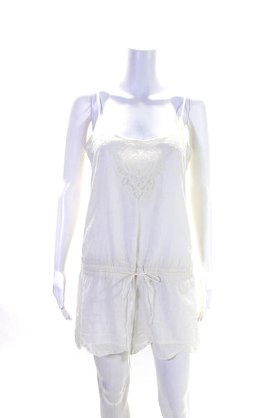 Joie Womens Cotton Embroidered Drawstring Scoop Neck Romper White Size S