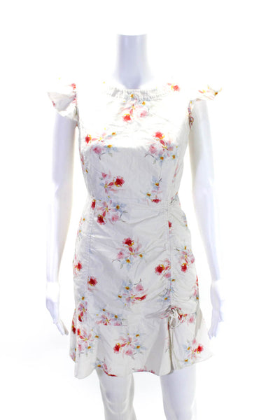 La Vie Womens Cotton Floral Print Short Sleeve Gathered Mini Dress White Size S