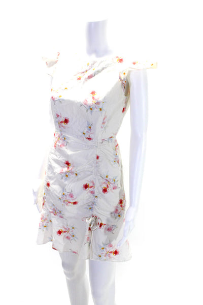 La Vie Womens Cotton Floral Print Short Sleeve Gathered Mini Dress White Size S