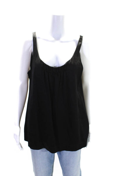 Eileen Fisher Womens Gathered Scoop Neck Satin Tank Top Blouse Black Size Large