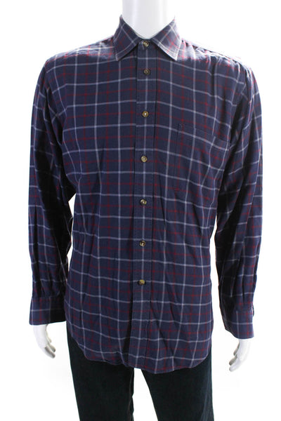 Burberrys Mens Cotton Plaid Collared Button Up Casual Shirt Navy Blue Size M