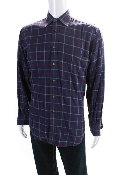 Burberrys Mens Cotton Plaid Collared Button Up Casual Shirt Navy Blue Size M