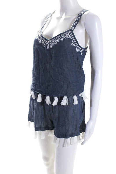 Shoshanna Womens Sleeveless Embroidered Tassel Romper Blue Cotton Size Petite