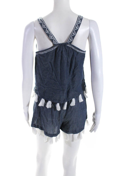 Shoshanna Womens Sleeveless Embroidered Tassel Romper Blue Cotton Size Petite