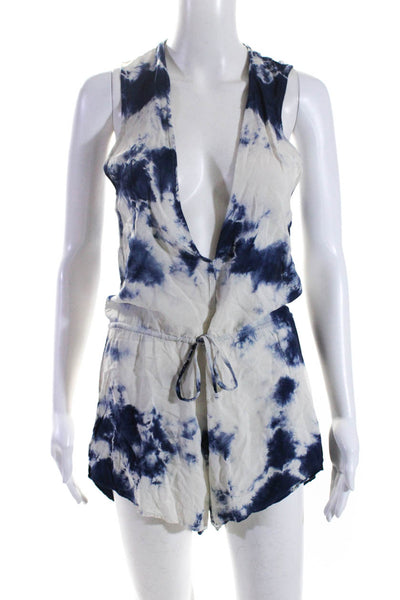 Blue Life Womens Sleeveless V Neck Drawstring Tie Dyed Romper White Blue Size XS