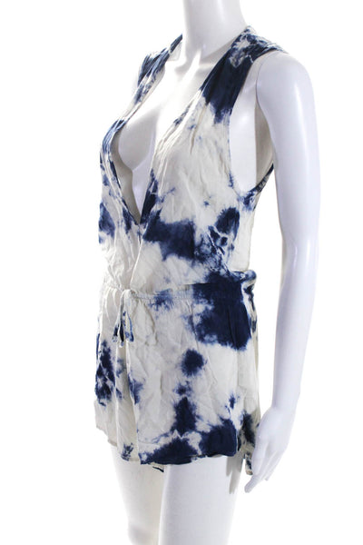 Blue Life Womens Sleeveless V Neck Drawstring Tie Dyed Romper White Blue Size XS