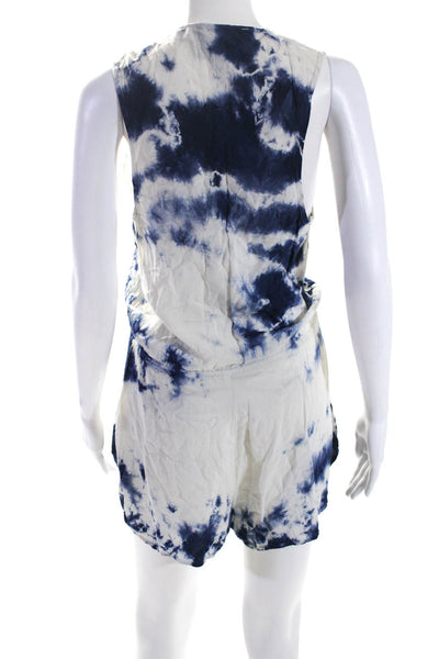 Blue Life Womens Sleeveless V Neck Drawstring Tie Dyed Romper White Blue Size XS