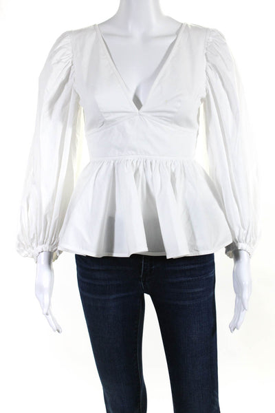 Staud Women's V-Neck Long Puff Sleeves Peplum Dressy Blouse White Size 0