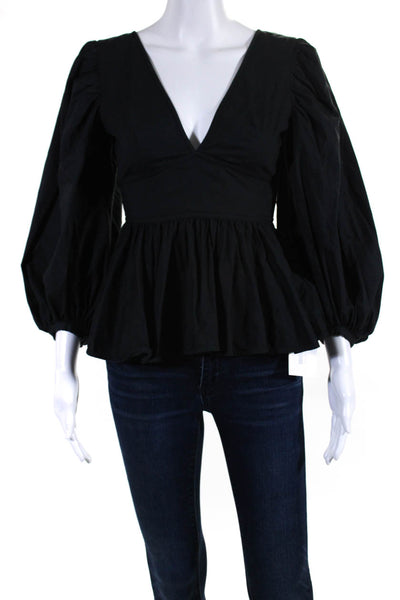 Staud Women's V-Neck3/4 Sleeves Button Peplum Dressy Blouse Black Size 0