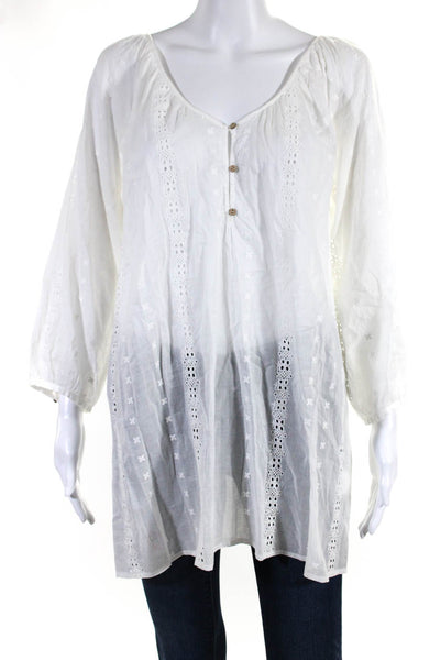 Joie a la Plage Womens 3/4 Sleeve Eyelet Embroidered Shirt White Cotton Medium