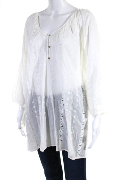 Joie a la Plage Womens 3/4 Sleeve Eyelet Embroidered Shirt White Cotton Medium