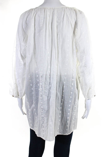 Joie a la Plage Womens 3/4 Sleeve Eyelet Embroidered Shirt White Cotton Medium