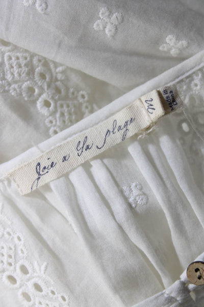 Joie a la Plage Womens 3/4 Sleeve Eyelet Embroidered Shirt White Cotton Medium