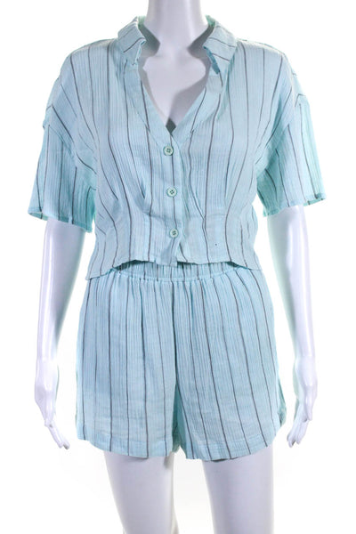 Monrow Womens Button Front Striped Cropped Shirt Shorts Set Blue Size Small