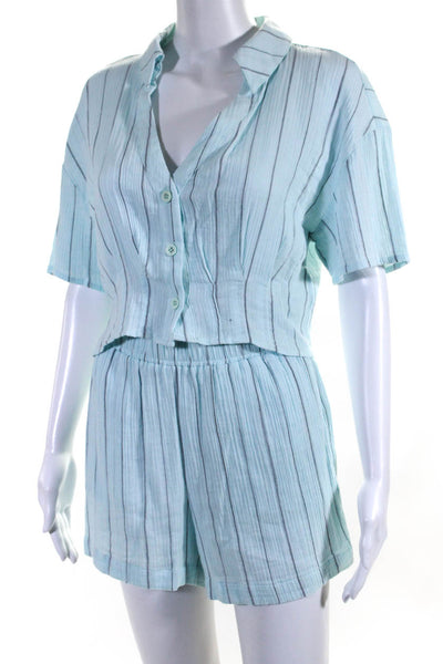 Monrow Womens Button Front Striped Cropped Shirt Shorts Set Blue Size Small