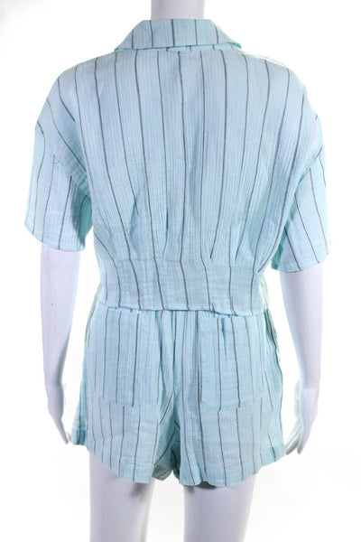 Monrow Womens Button Front Striped Cropped Shirt Shorts Set Blue Size Small