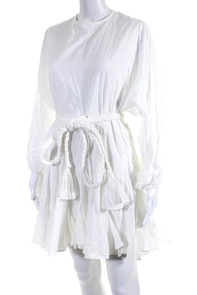 Rhode Womens Long Sleeve Crew Neck Belted Swing Dress White Cotton Size XS