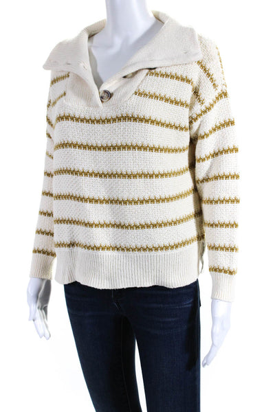 Madewell Womens Cotton Striped Knit Collared 1/2 Button Up Sweater Cream Size XS