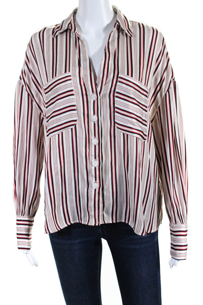 Free People Womens Satin Striped Collared Button Up Blouse Top White Red Size S