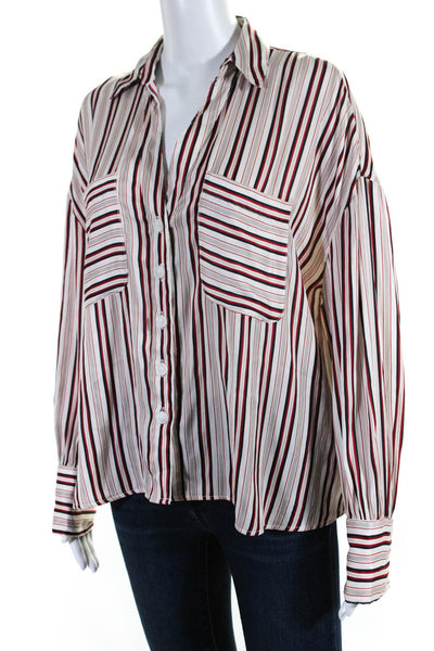 Free People Womens Satin Striped Collared Button Up Blouse Top White Red Size S