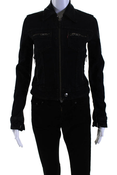 Levis Womens Crew Neck Full Zippit Jean Jacket Black Cotton Size Extra Small