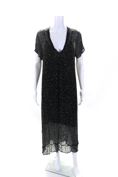 Ruby Yaya Womens Beaded Chiffon V Neck Midi Sheath Dress Black Size Medium