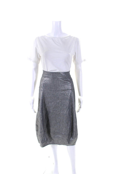 Eileen Fisher Womens Metallic Canvas Unlined Midi Skirt Silver Linen Size Medium