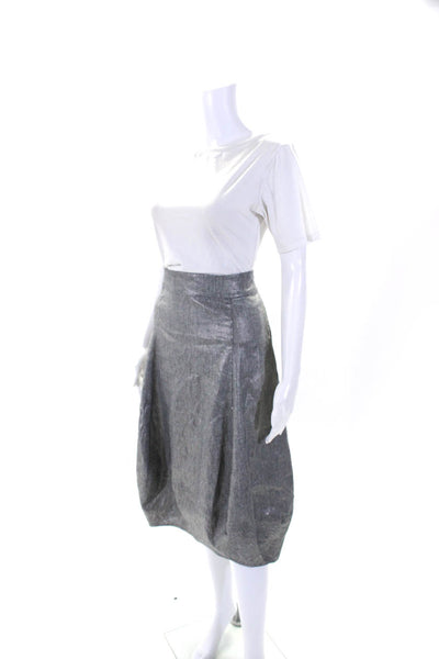 Eileen Fisher Womens Metallic Canvas Unlined Midi Skirt Silver Linen Size Medium