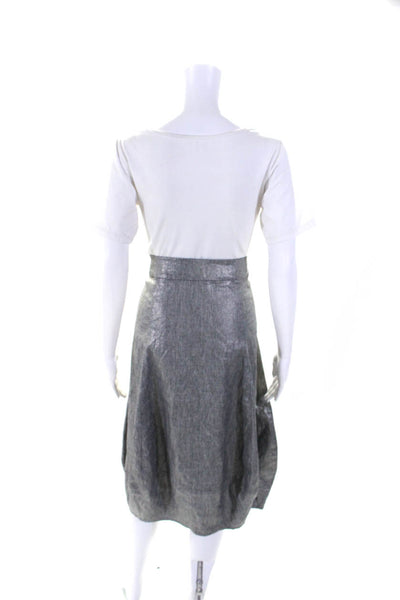 Eileen Fisher Womens Metallic Canvas Unlined Midi Skirt Silver Linen Size Medium