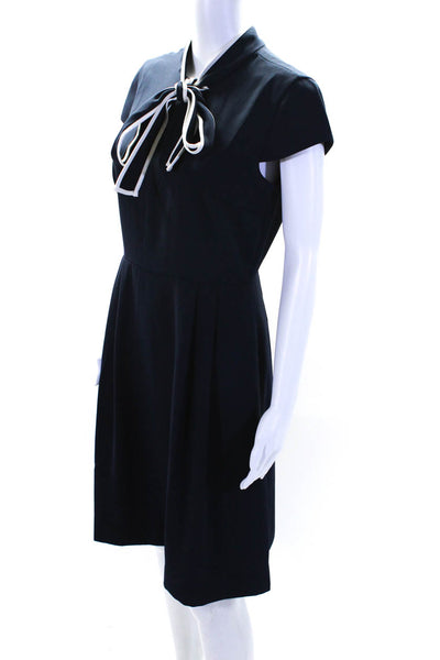 J Crew Womens Short Sleeve Tie Collar Contrast Trim A Line Dress Navy Size 4