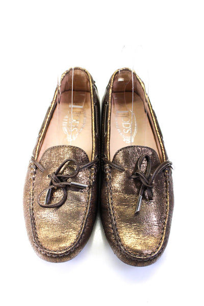 Tods Women's Round Toe Slip-On Bow Loafer Shoes Metallic Bronze Size 38