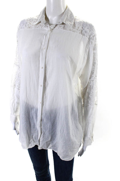 Sandro Womens Lace Trim Voile Long Sleeve Button Up Top Blouse White Size 2