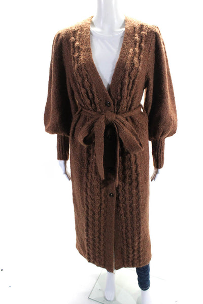 Toccin Womens Long Metallic Cable Knit V Neck Cardigan Sweater Brown Size Medium