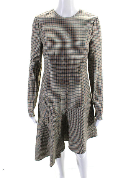 Toccin Womens Long Sleeve Gingham Midi Flare Dress Brown White Size 4