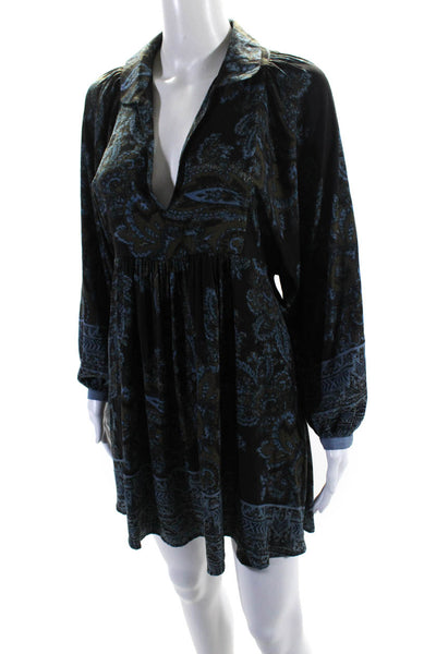 Free People Womens Paisley Satin Collared Babydoll Dress Black Blue Size XS