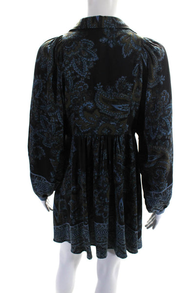 Free People Womens Paisley Satin Collared Babydoll Dress Black Blue Size XS