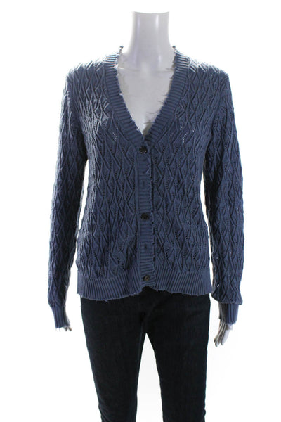 Minnie Rose Womens Cotton Open Knit Button Up Cardigan Sweater Blue Size S