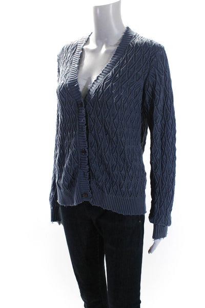 Minnie Rose Womens Cotton Open Knit Button Up Cardigan Sweater Blue Size S